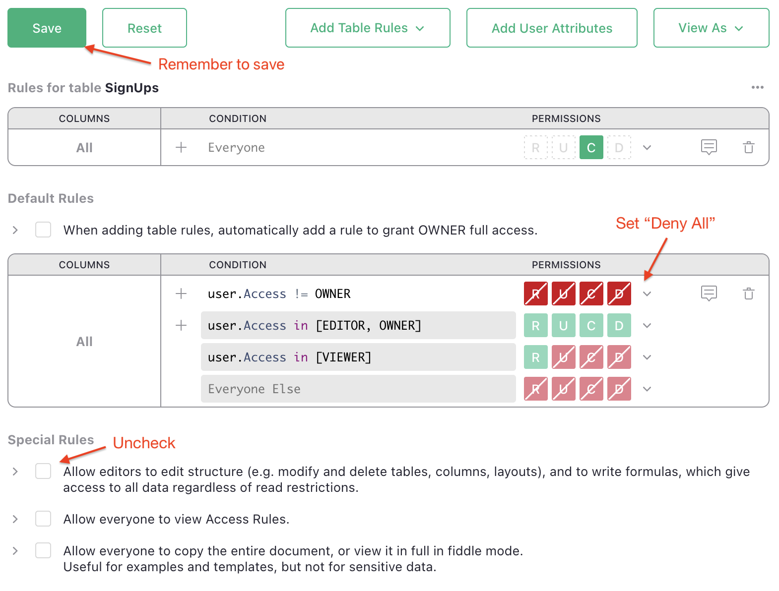 Sample Access Rules